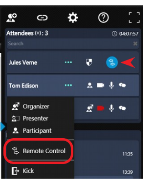 Wählen Sie im Benutzer über "mehr"(...) die Remote Control Funktion aus oder klicken Sie im Benutzer auf das blaue Remote Control Symbol